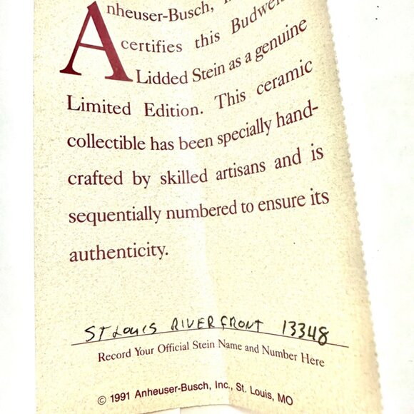 Anheuser-Busch Budweiser 1991 St. Louis Riverfront Collector Beer Stein Vintage - Picture 6 of 11
